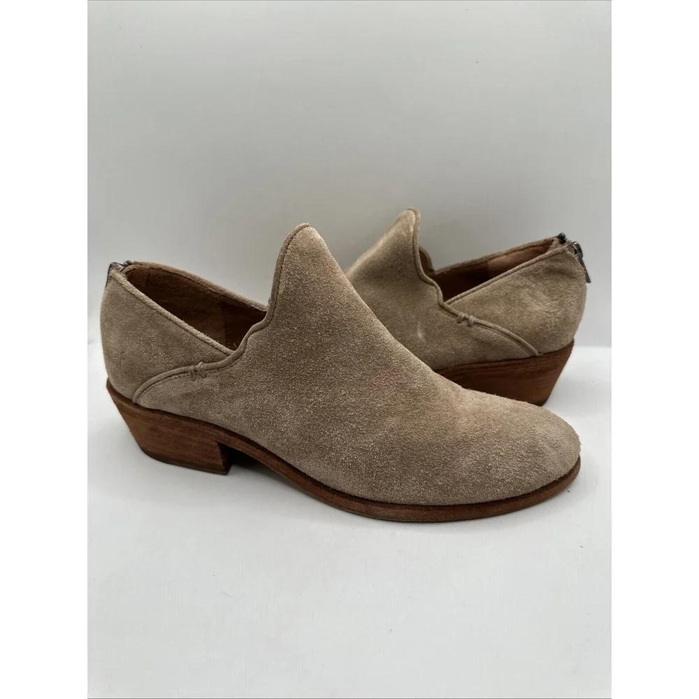 Frye Carson Taupe Suede Leather Zip Block Heel Shootie Ankle Boots Size 9